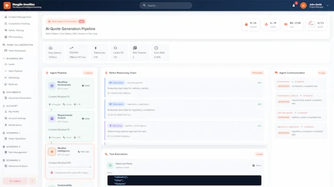 AI Quote Generation Pipeline - Live multi-agent orchestration showing ReAct reasoning chain, agent status, and real-time tool executions fetching market prices.